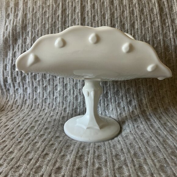 Vintage Milk Glass Banana Boat Pedestal Dish - Teardrop - Dot Pattern by Indiana - Picture 2 of 11